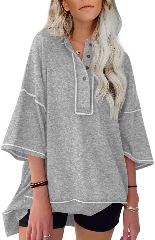 SHEWIN Women's Fashion Oversized T Shirts Casual Short Sleeve Sweatshirt Button Down Henley Neck ... | Amazon (US)