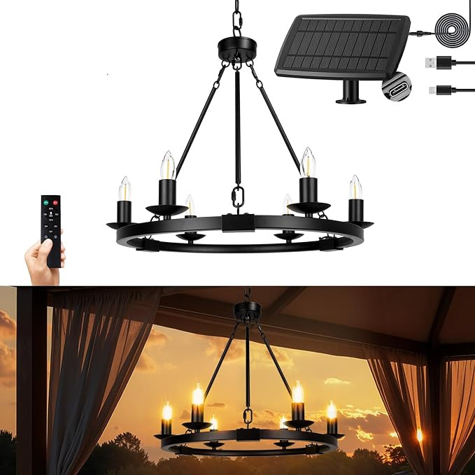 Solar Outdoor Chandelier, 6-Light 19" Chandelier Outdoor Waterproof Dimmable Hanging Pendant Ligh... | Amazon (US)