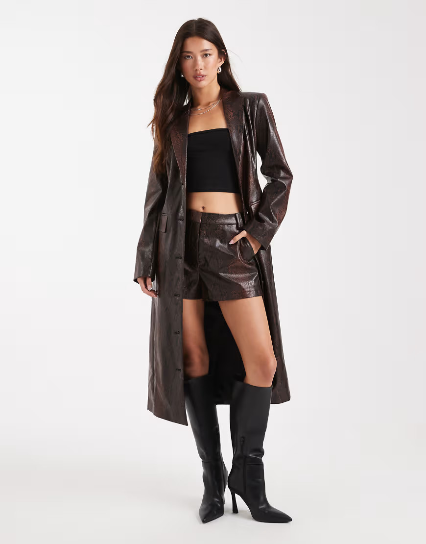 ASOS DESIGN tailored longline faux leather blazer in brown snake - part of a set | ASOS (Global)