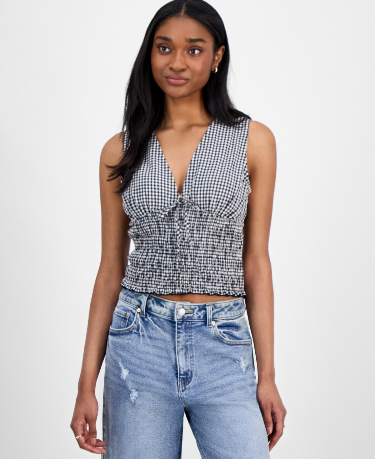 Madden Girl Juniors' Smocked Gingham Top - Black Gingham | Macy's
