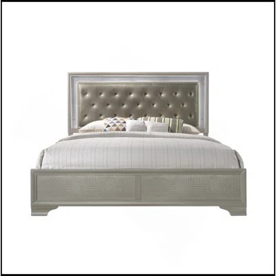 Modern Champagne Crocodile Skin Finish Upholstered 1Pc King Size LED Panel Bed Faux Diamond Tufted Bedroom Furniture | Wayfair North America