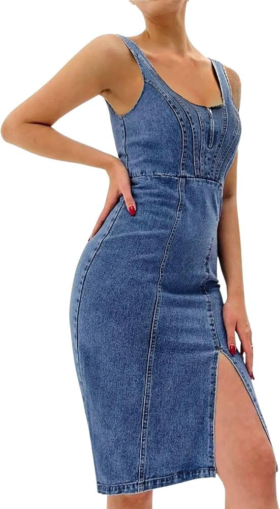 utcoco Denim Dress for Women Sleeveless Side Slit Bodycon Midi Jean Dresses for Women 2025 | Amazon (US)