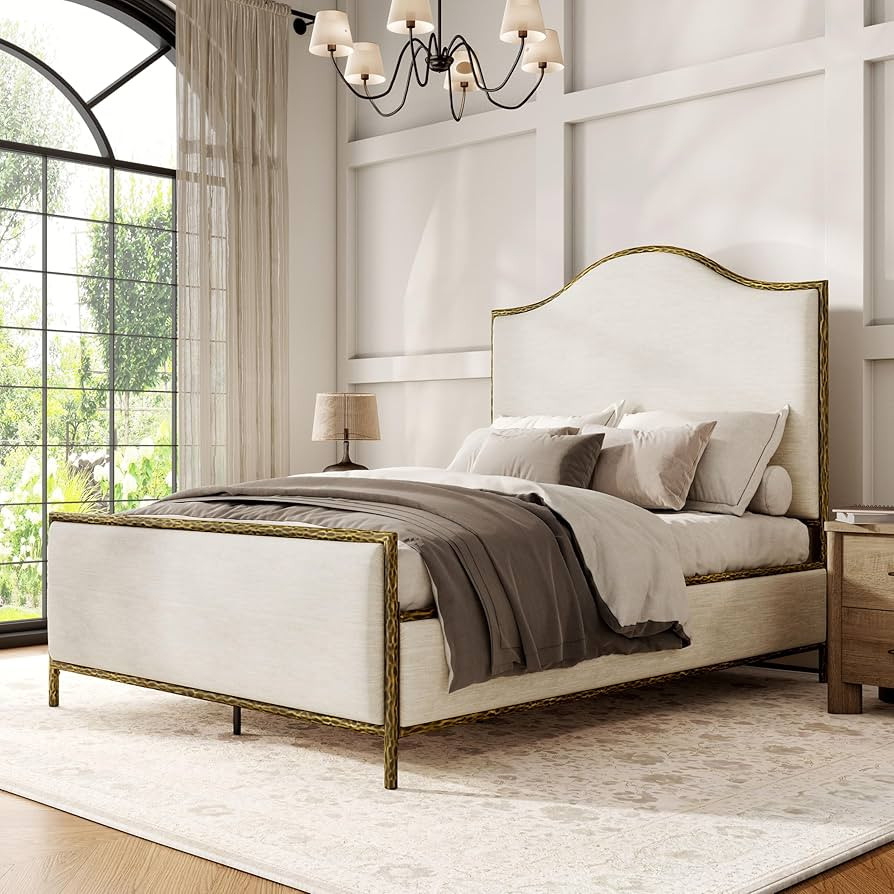 24/7 Shop at Home Lalia Hammered Metal Upholstered Bed with Beige Fabric 64-inch Tall Camelback H... | Amazon (US)