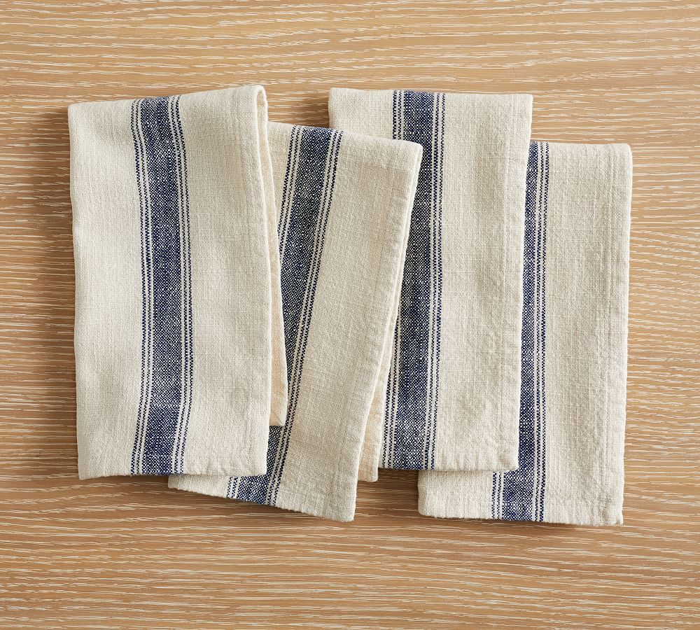 French Striped Organic Cotton Napkins, Set of 4 - Blue/Flax | Pottery Barn (US)