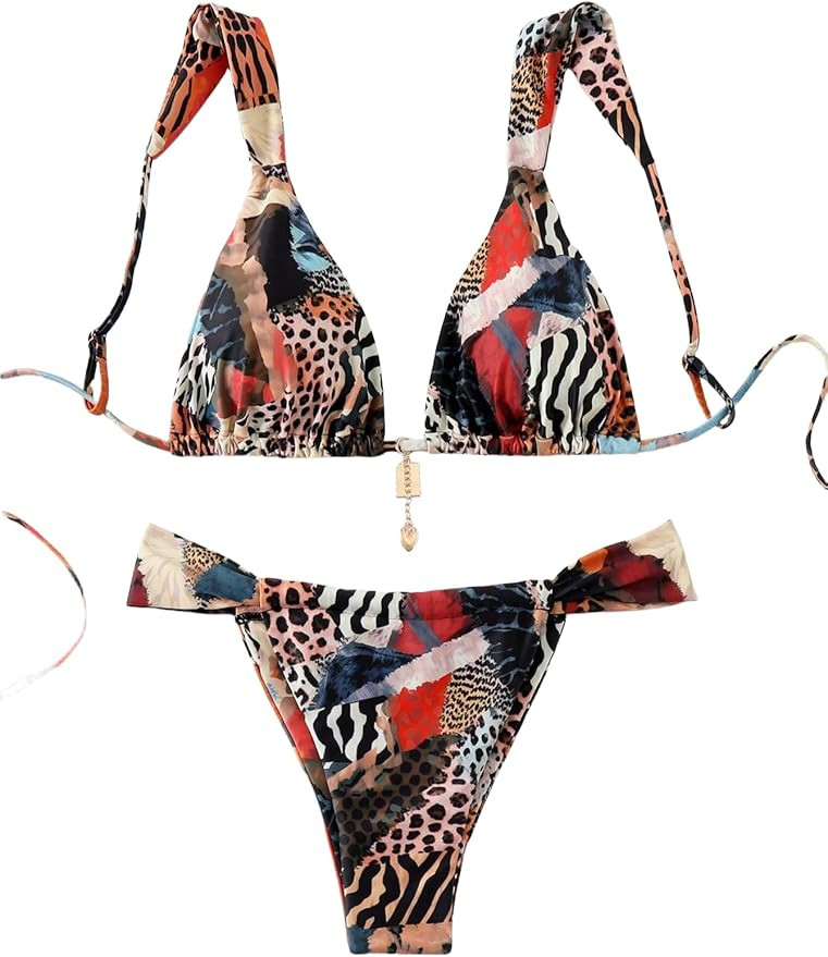 QJQ Women's 2 Piece Cheeky Bikini Sets Leopard Print Tie Back Bathing Suit Sexy Triangle Swimsuit | Amazon (US)