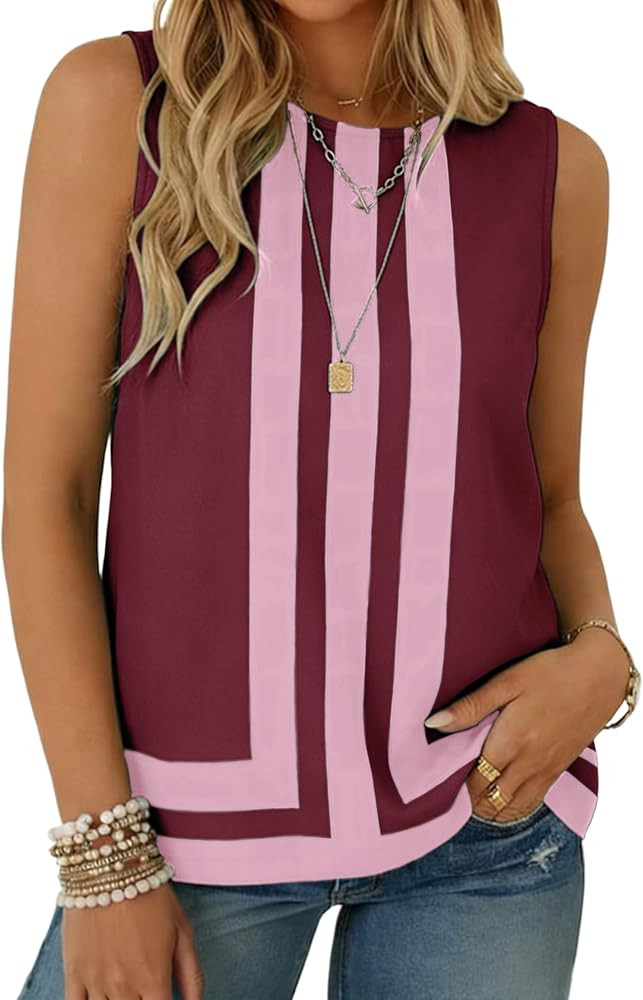 Watashi Women's Sleeveless Color Block Blouse Geometric Striped Crewneck Work Tank Top for Summer... | Amazon (US)