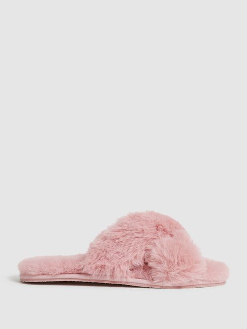 Faux Fur Cross Over Slippers | Reiss UK