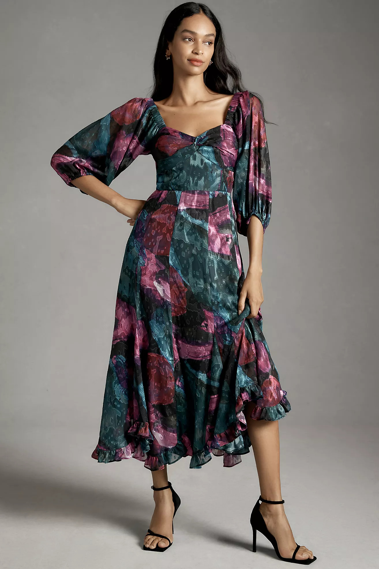 Hutch Printed Twist-Front Puff-Sleeve Ruffle-Hem Dress | Anthropologie (US)