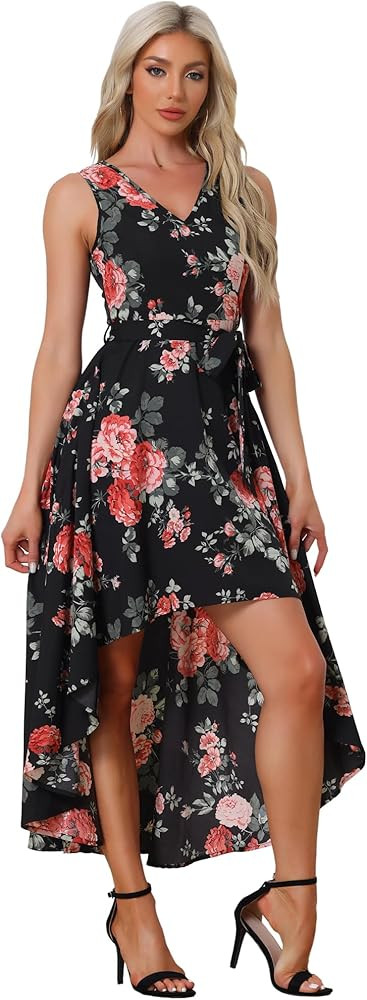 Allegra K Summer Dress for Women's Boho V Neck Sleeveless Floral High Low Long Maxi Dress | Amazon (US)