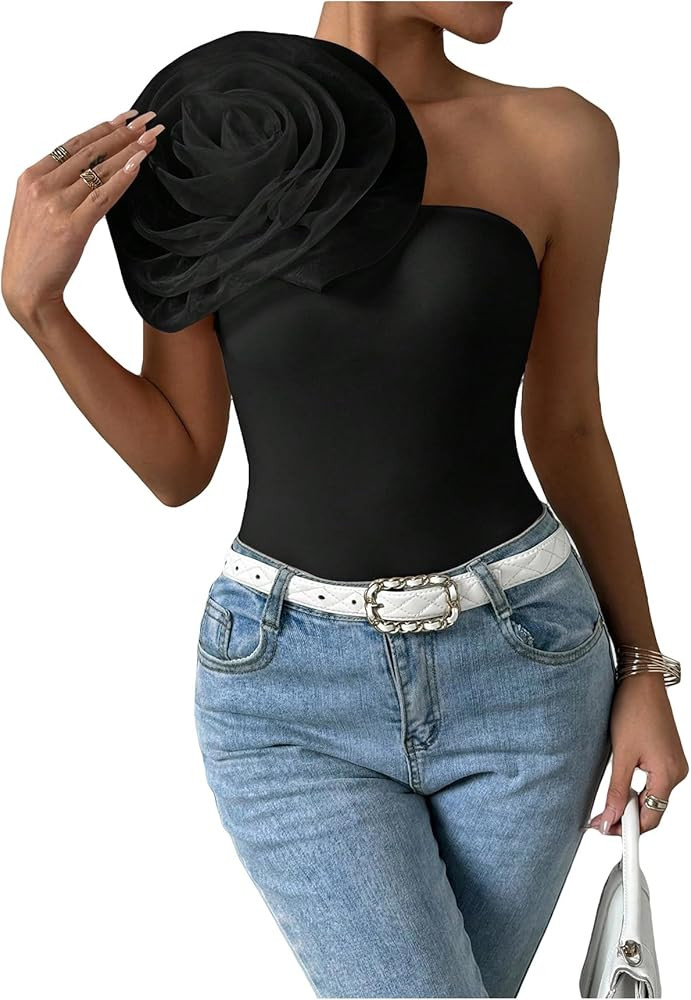 Women's 3D Floral One Shoulder Contrast Mesh Asymmetrical Neck Sleeveless Regular Fit Casual Part... | Amazon (US)