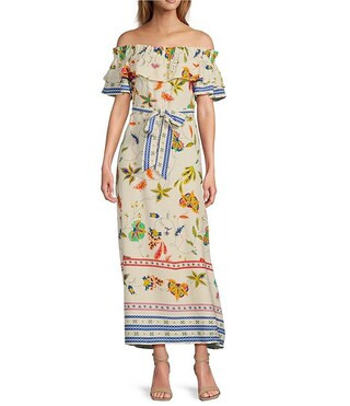 Sugarlips Floral Print Linen Ruffle Off the Shoulder Short Sleeve Maxi Dress | Dillard's | Dillard's