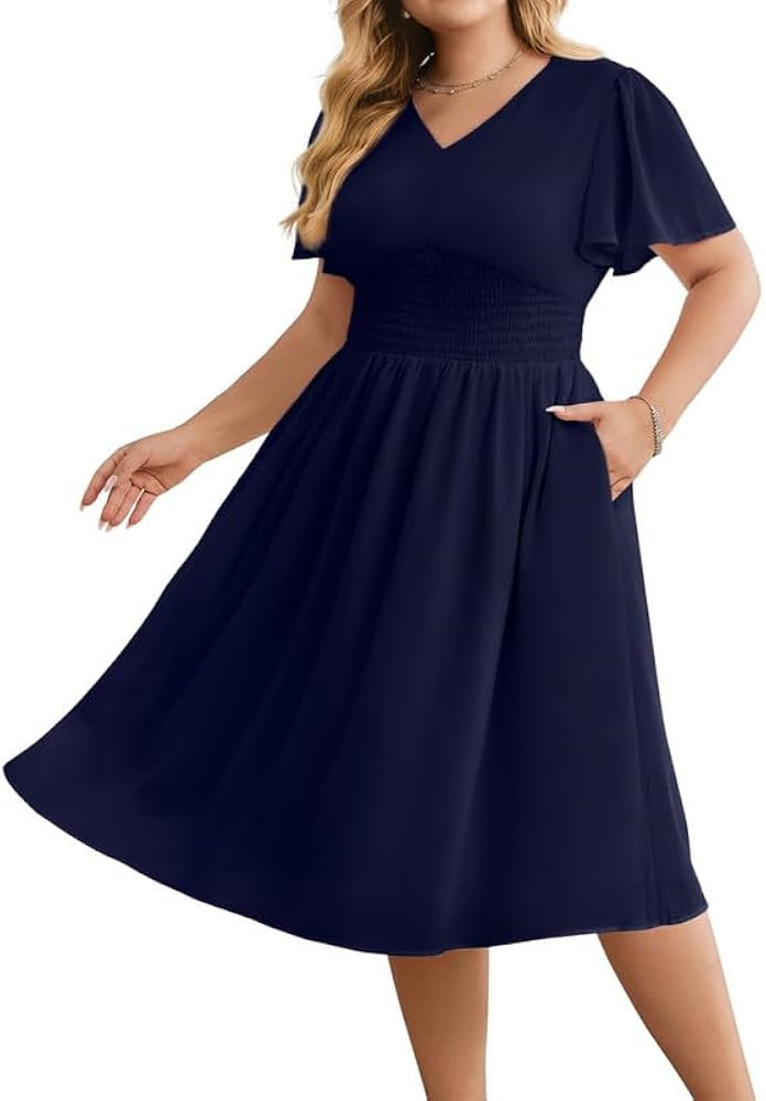 Hanna Nikole GroßE GrößE Damen Chiffon-Kleider RüSchenäRmel Freizeitkleider Halbformelles So... | Amazon (DE)