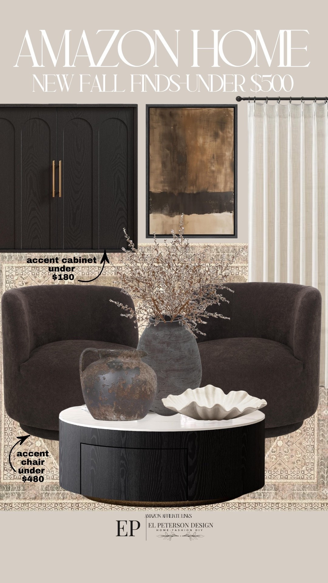 Amazon
Accent cabinet
Curtains
Bowl
Vase
Stems
Accent chair
Artwork 
Coffee table

#LTKHome