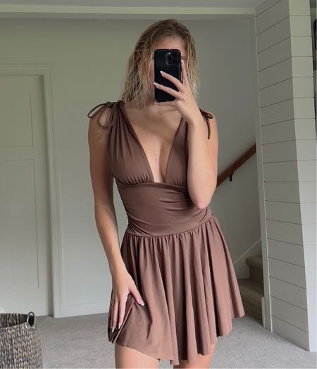 Brown plunge neck mini dress! Wearing size small. Pretty supportive, and not too sheer, so no undergarment required! #Amazon

#LTKU #LTKSeasonal #LTKunder100