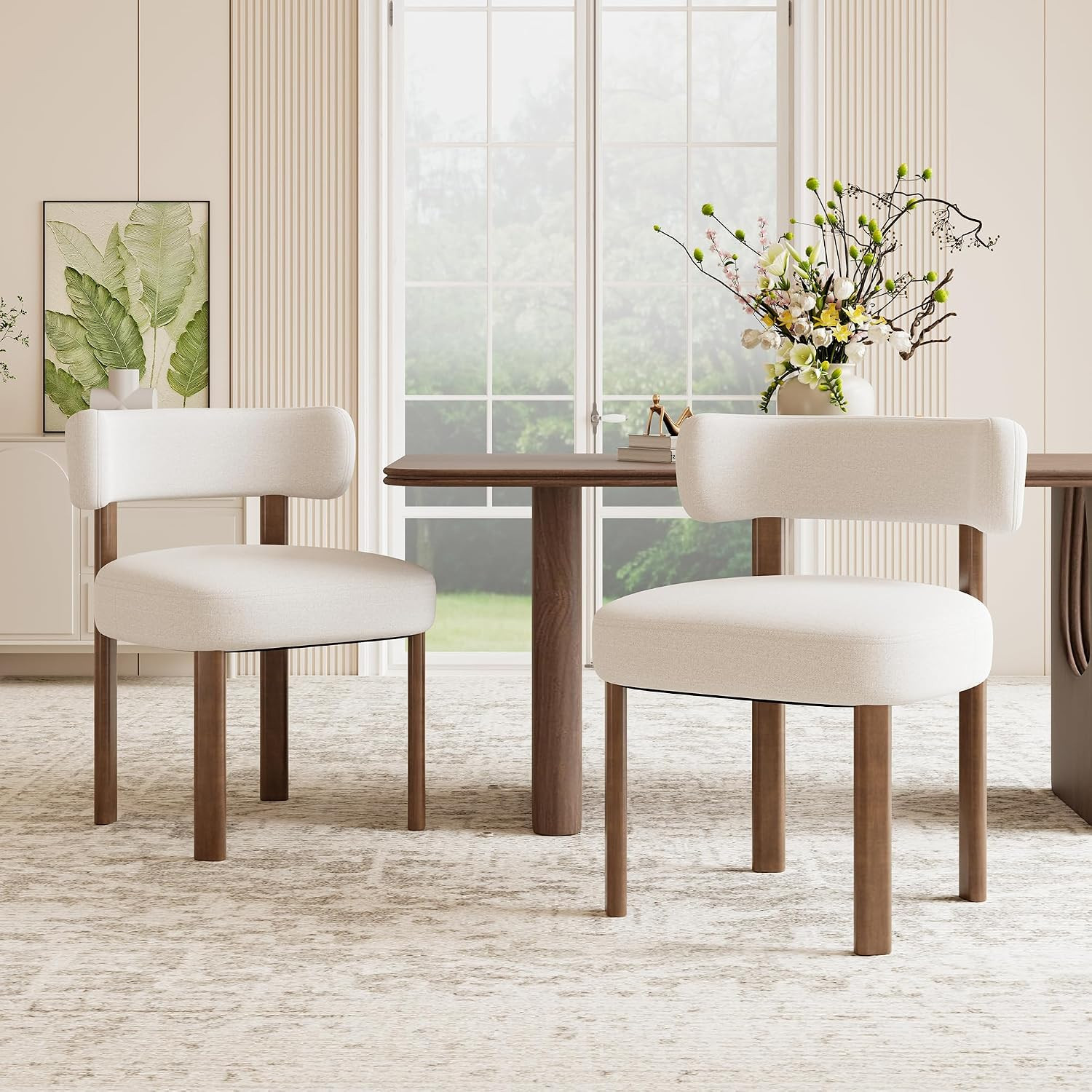 Wooden Dining Chairs Set of 2, Upholstered Kitchen Chairs with Solid Wood Legs, Mid Century Dining Room Chair with Ergonomic Curved Backrest for Kitchen Dining Vanity, Beige | Amazon (US)