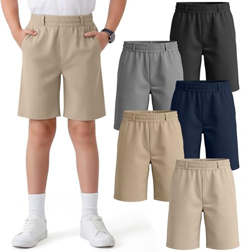 Mumucove 5 Pack Boys' School Uniform Shorts Kids Elastic Waist Flat Front Khaki Shorts with Pockets Summer Casual Pull on(13-14 Years,Light Khaki, Khaki, Gray, Navy Blue, Black) | Amazon (US)