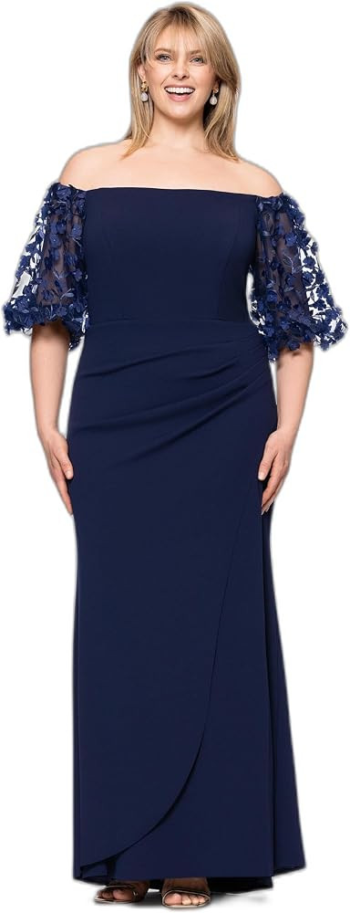 Xscape Women's Illusion Sleeve Off the Shoulder Long Dress (Reg, Petite, Plus Sizes) | Amazon (US)