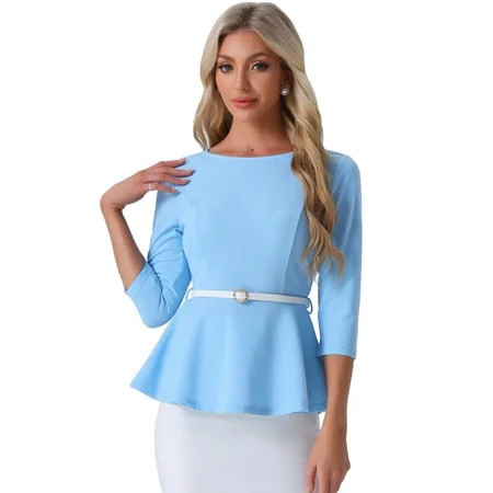 DARING DIVA Women s Round Neck 3/4 Sleeve Elegant Work Peplum Tops XS Sky Blue | Walmart (US)