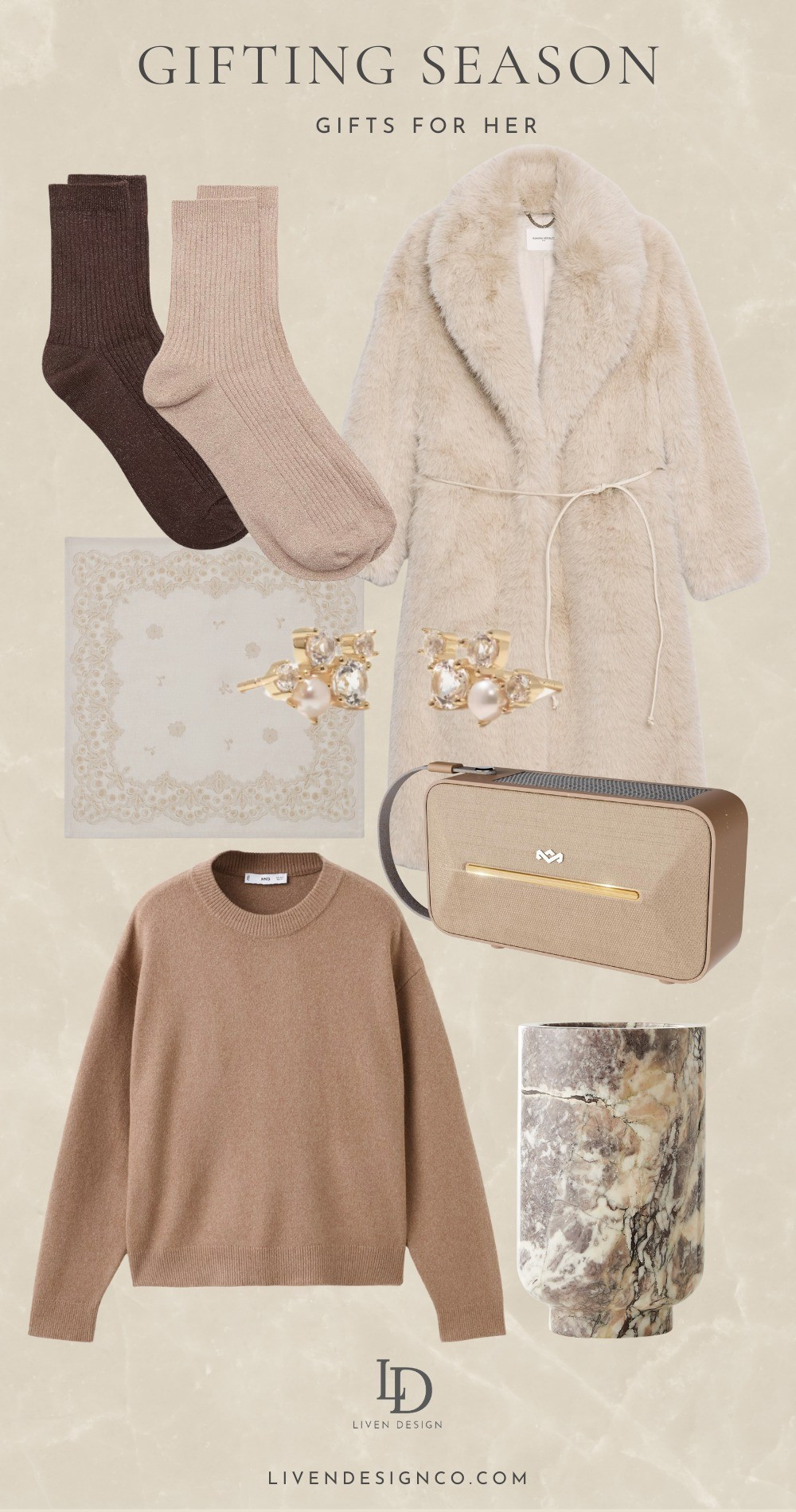 Gift guide. Gifts for her. Cashmere socks. Wool socks. Lurex socks. Fur coat. Sweater. Brown sweater. Earrings. Floral napkins. Gift for host. Under $100. Under $50. Bluetooth speaker. Wine chiller. Kitchen decor. Gift for mom. Friend. BFF. Daughter. Gf. 

#LTKGiftGuide #LTKHoliday #LTKFindsUnder50