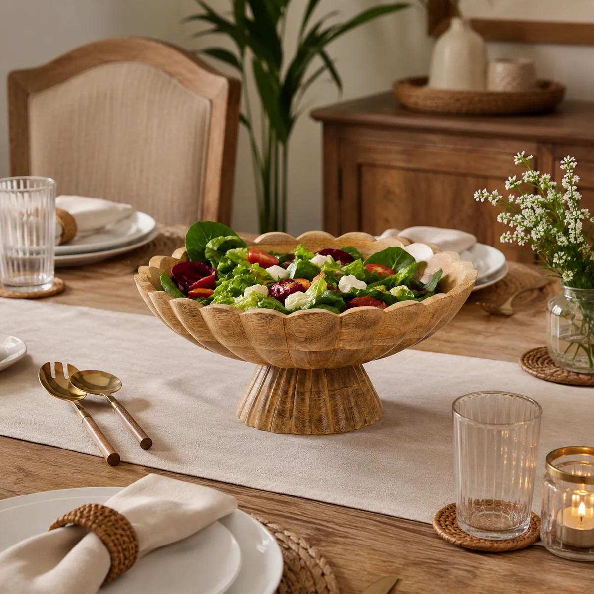 Handcarved Scalloped Edge Fluted Pedestal Bowl, Natural | Wayfair North America