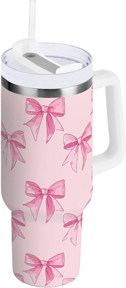 30 oz Tumbler with Lid and Straw Cute Pink Bow Water Bottle Insulated Cup with Handle, Stainless ... | Amazon (US)