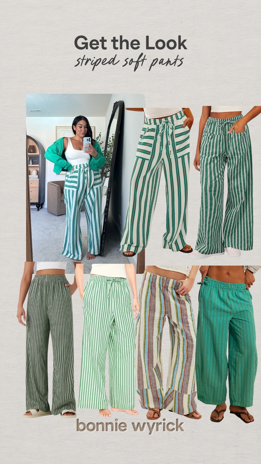 Get the look - soft striped pants! 

Women’s fashion, spring fashion, spring style, striped pants, green pants outfit inspo, midsize fashion, midsize style, casual outfit