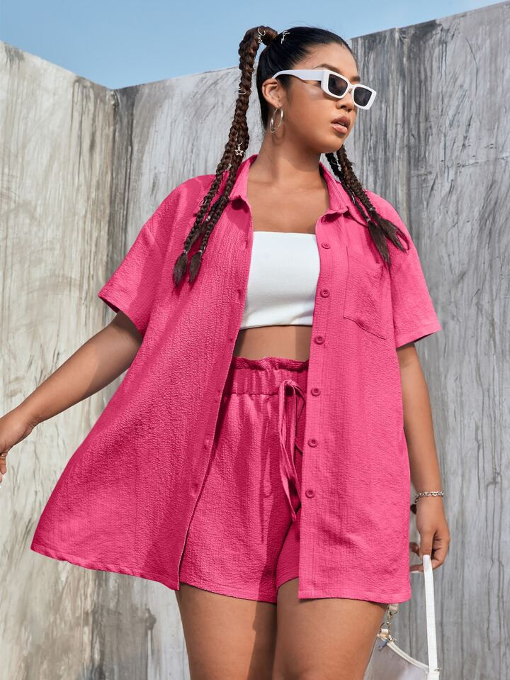 SHEIN EZwear Plus 1pc Solid Pocket Front Blouse & 1pc Paperbag Waist Shorts | SHEIN
