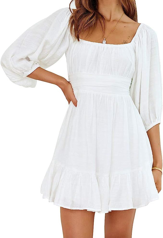 Exlura Womens Lantern Sleeve Tie Back Dress Ruffled Off Shoulder A-Line Vintage Mini Dress | Amazon (US)