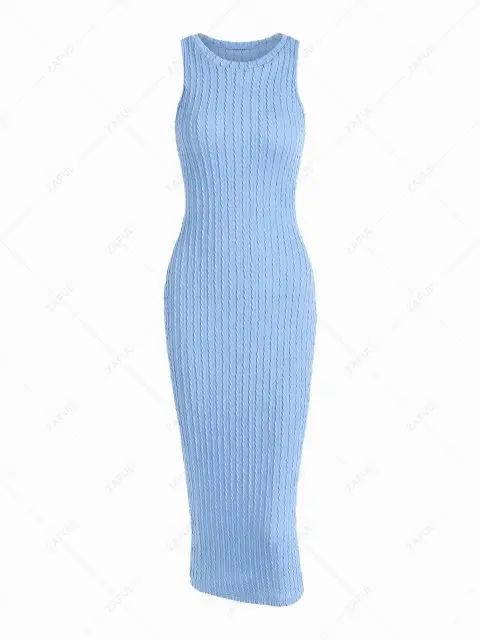 Cable Knit Sleeveless Slinky Midi Dress - Light Blue L | ZAFUL (Global)