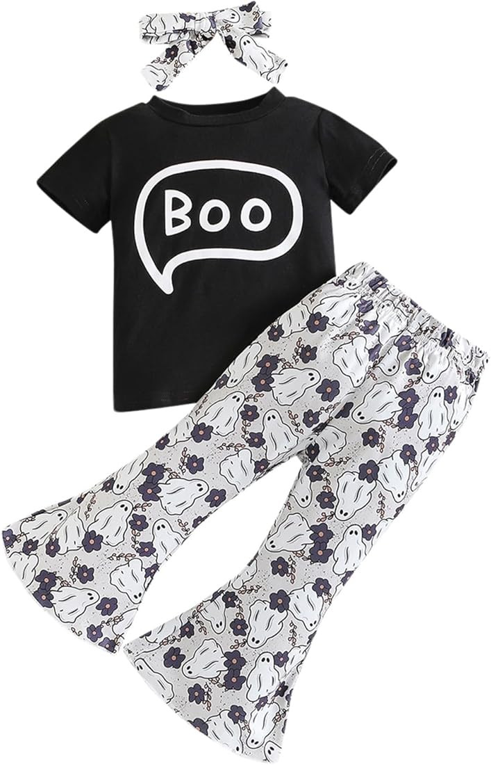 Amnnchya Toddler Baby Girl Summer Clothes Letter Print Short Sleeve Shirt and Peach Bell Bottoms ... | Amazon (US)