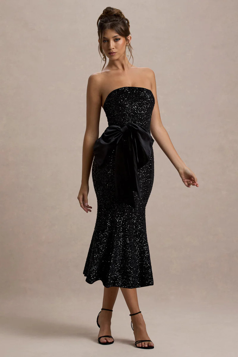 Adee  Black Sequin Velvet Halter-Neck Midi Dress With Bow | Club L London