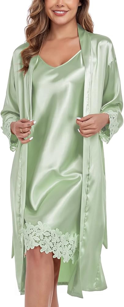 BestWendding Women's Silk Robe Set 2 Pieces Pajamas Sets Sexy Soft Satin Robe with V Neck Camisol... | Amazon (US)