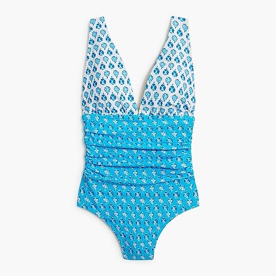 Printed V-neck ruched one-piece swimsuit | J.Crew Factory