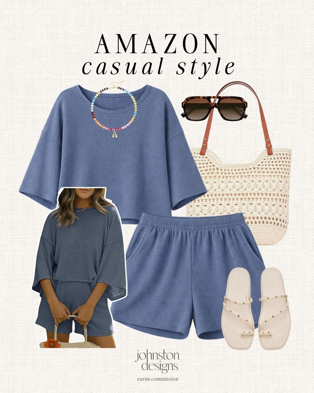 Amazon casual style featuring a blue textured lounge set with an oversized short sleeve top and matching relaxed shorts for an easy, put-together look. Styled with neutral studded slide sandals, a woven tote bag, oversized sunglasses and a colorful beaded necklace for a laid-back outfit that still feels styled and elevated. ☁️

#amazoncasualstyle #loungewearset #summerloungewear #casualoutfitideas #amazonfashionfinds #effortlessstyle #everydayoutfit #neutralstyle #ltkstyle #comfyoutfit 

 #LTKootd #LTKTravel