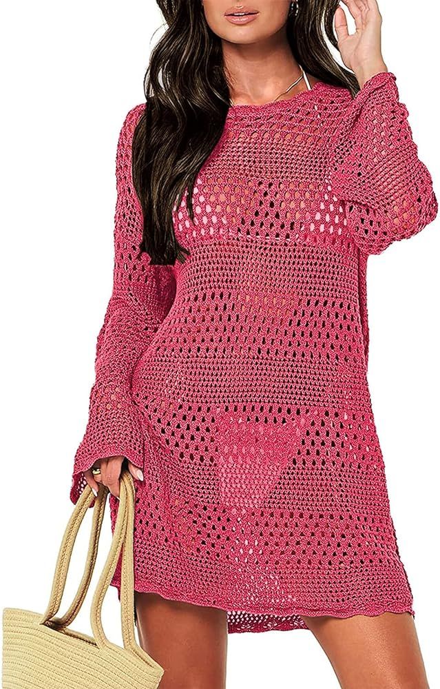 Pink Queen Women's Crochet Cover Ups Hollow Out Swimsuit Bathing Suit Bikini Coverup Knit Mesh Be... | Amazon (US)