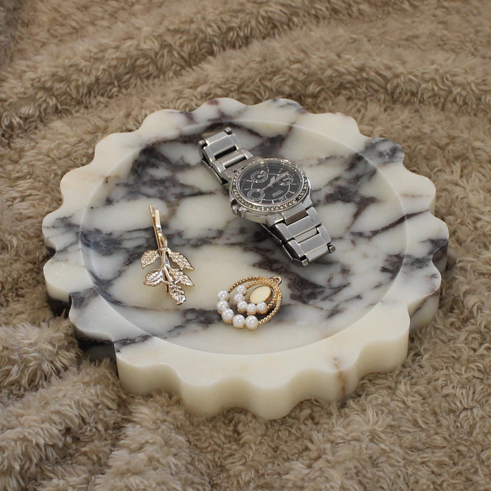 Natural Small Calacatta Viola Marble Tray 6.3", Round Scalloped Tray for Nightstand Dresser, Jewe... | Amazon (US)