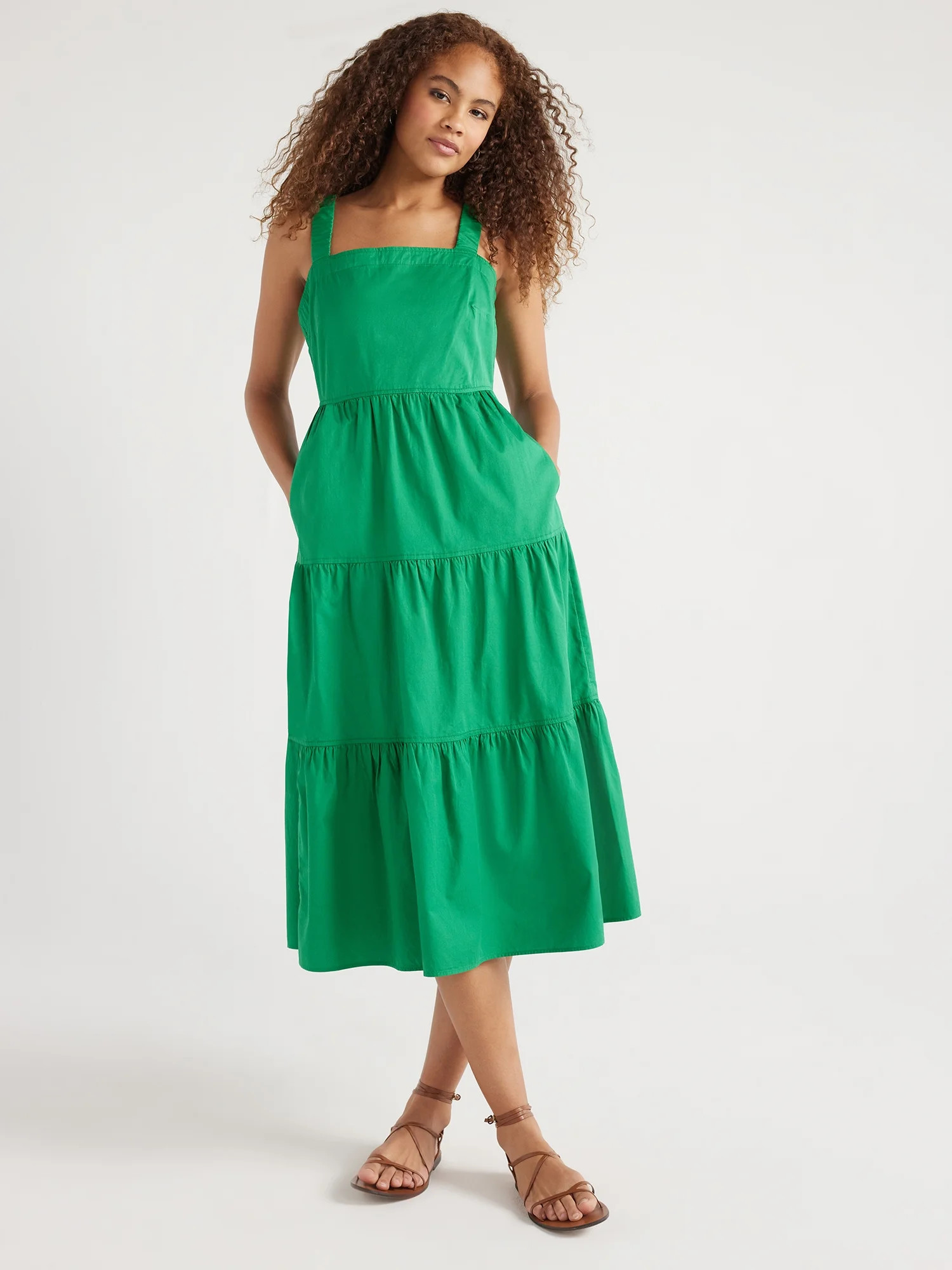 Free Assembly Women’s Cotton Tiered Midi Dress with Pockets, Sizes XS-XXL | Walmart (US)