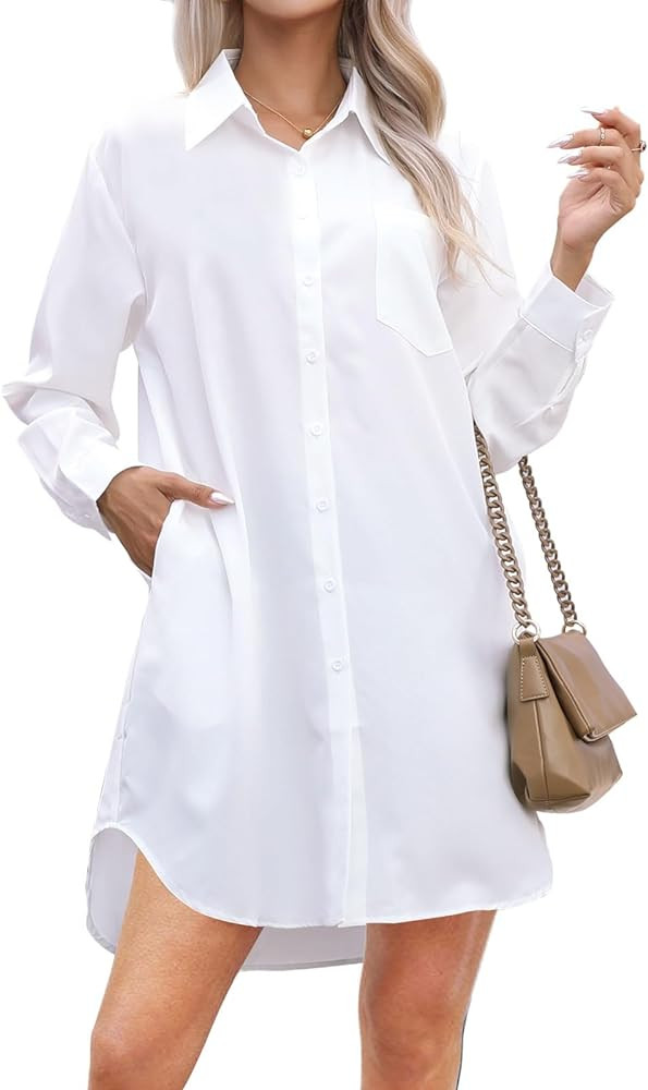 Wowcarbazole Womens Button Down Shirt Dresses Casual Long Sleeve Collared Shirts Oversized Blouse... | Amazon (US)