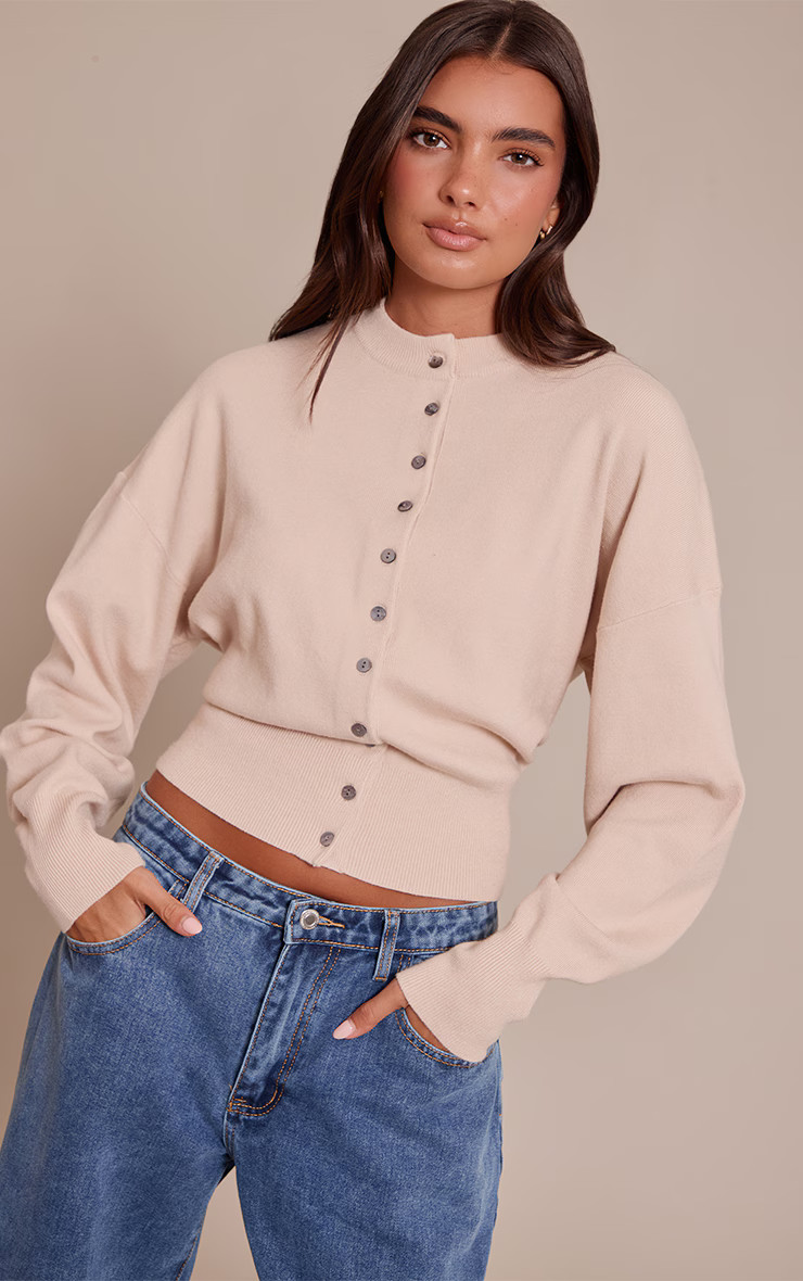 Oat meal Compact Knitted Cardigan | PrettyLittleThing UK