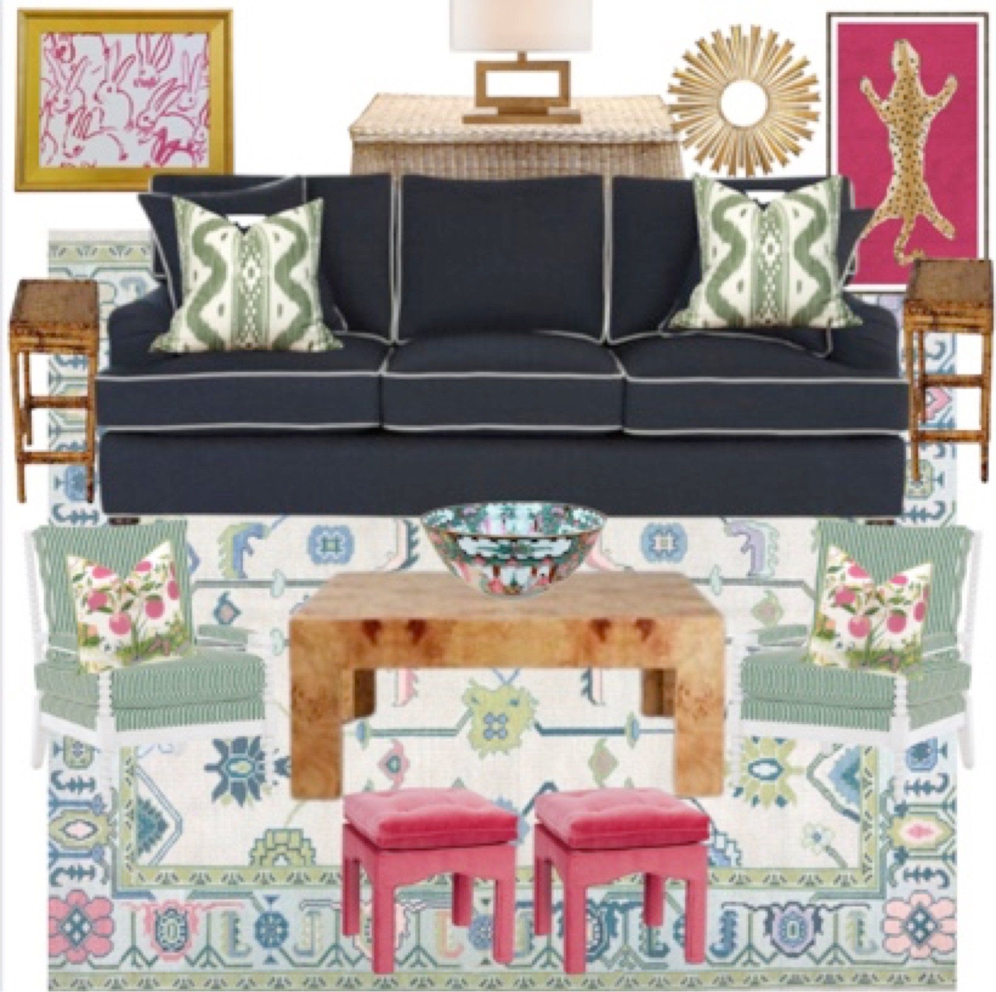 Living room // grandmillennial // preppy // Hunt Slonem // framed art // Dana Gibson leopard // scalloped wicker console table // gold table lamp // sunburst mirror // navy sofa // green throw pillow // burnt bamboo side table // Oushak rug // burl wood coffee table // spindle spool chair // Ballard Designs // Schumacher Citrus Garden throw pillow // pink ottoman // Rose Medallion bowl 

#LTKFind #LTKhome
