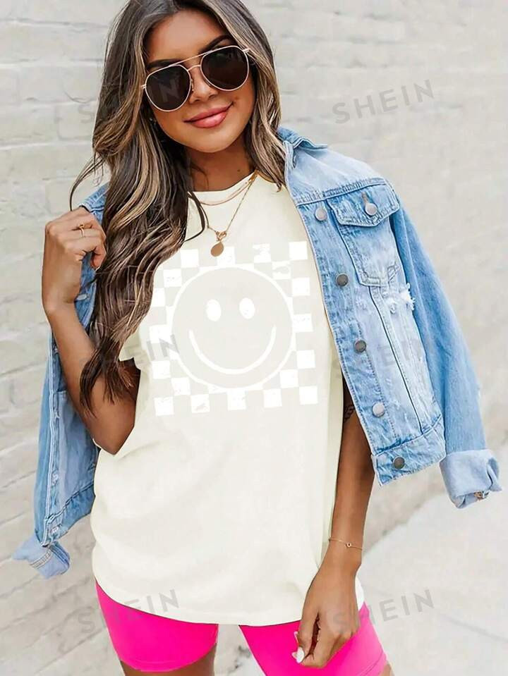 SHEIN LUNE Women's Summer Checkered Smile Face Printed Round Neck Short Sleeve Casual T-Shirt | SHEIN