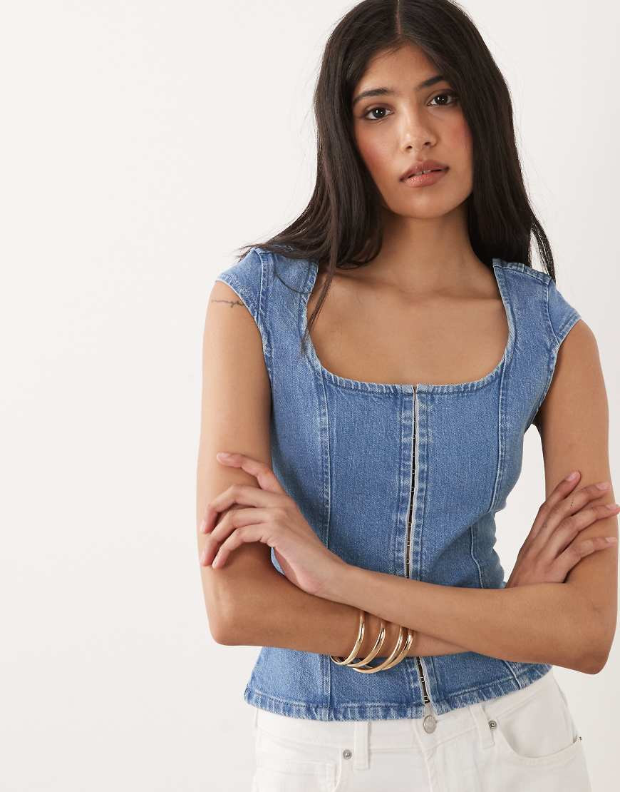 Miss Selfridge denim corset top in mid blue wash | ASOS (Global)