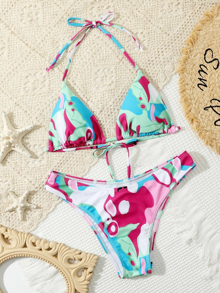 Random Allover Print Tie Back Halter Bikini Swimsuit | SHEIN