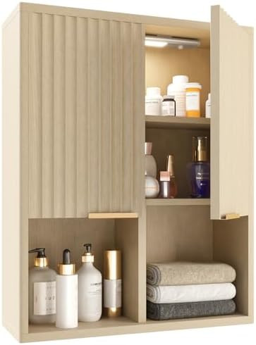HAIOOU Fluted Bathroom Wall Cabinet with Motion Sensor Light, Curved Profile Wooden Medicine Cabi... | Amazon (US)