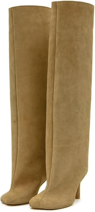 Knee High Boots for Women Faux Suede Wide Calf Square Toe Tall Stiletto Kitten High Heels Thigh L... | Amazon (US)