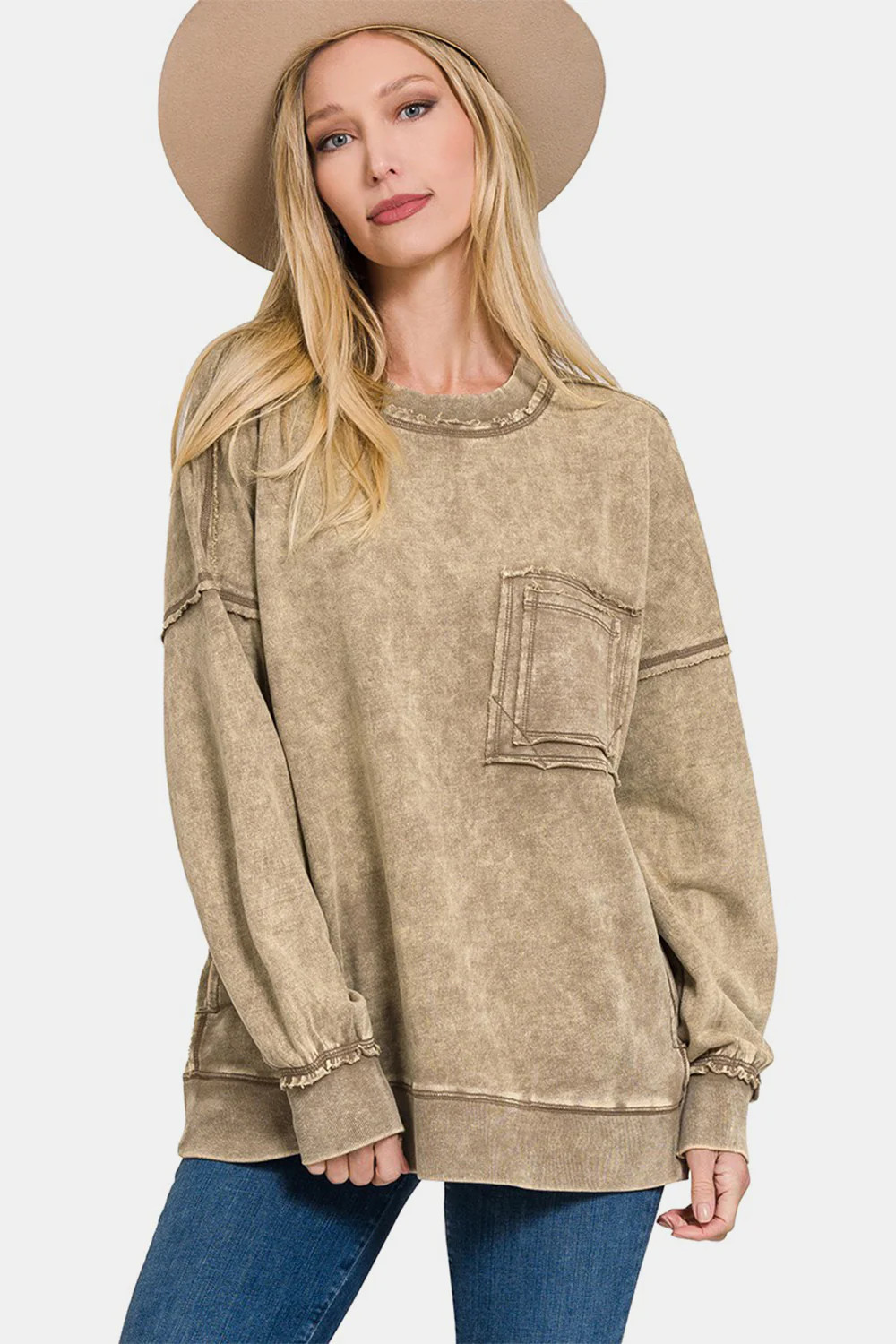 Zenana Exposed Seam Round Neck Dropped Shoulder Sweatshirt Mocha / S | Casual Chic Boutique