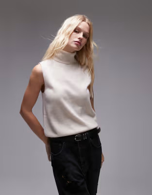 Mango roll neck sleeveless tank top in light beige | ASOS (Global)