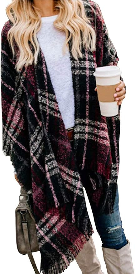 Amazon.com: VIMPUNEC Women Boho Buffalo Plaid Poncho Pashmina Shawl Wrap Cape Sweater Knitting Ca... | Amazon (US)