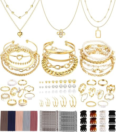 FAXHION 68 Pcs Gold Jewelry Set for Women with 7 Necklace, 17 Bracelet, 5 Hoop Earrings, 15 Stud Earrings, 24 Knuckle Rings for Women Jewelry Set for Women | Amazon (US)