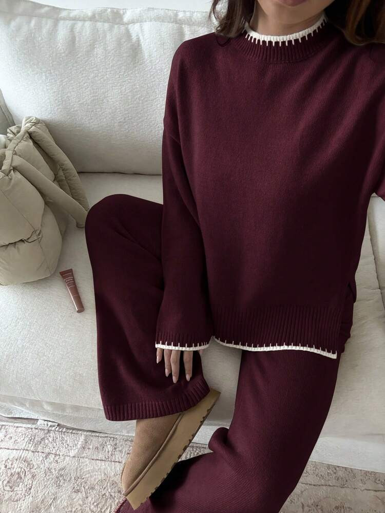 Sunnyshic 2pcs Women Contrast Trim Long Sleeve Sweater Top And Pants Set Fall Winter Cloth For Women | SHEIN